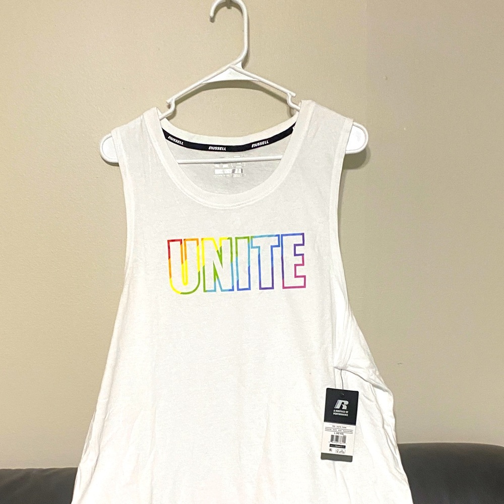 Russell Athletic White Tank Top with Colorful 'UNITE' Design